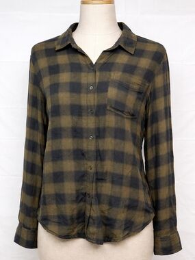 Lucky Brand Plaid Button Up Shirt Green Black Large